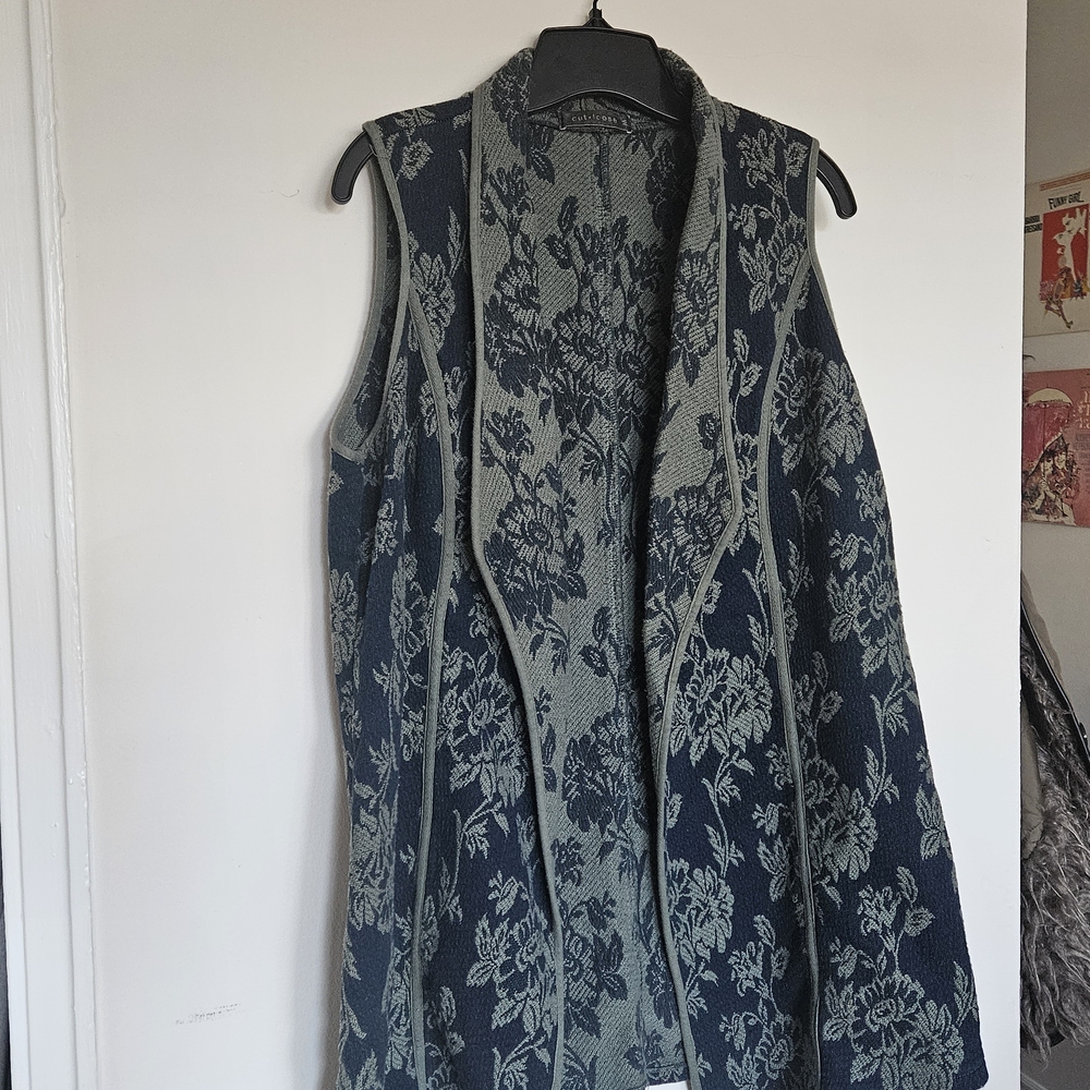 Vintage Floral Patterned Sleeveless Vest Sage Green Blue - Picture 3 of 5
